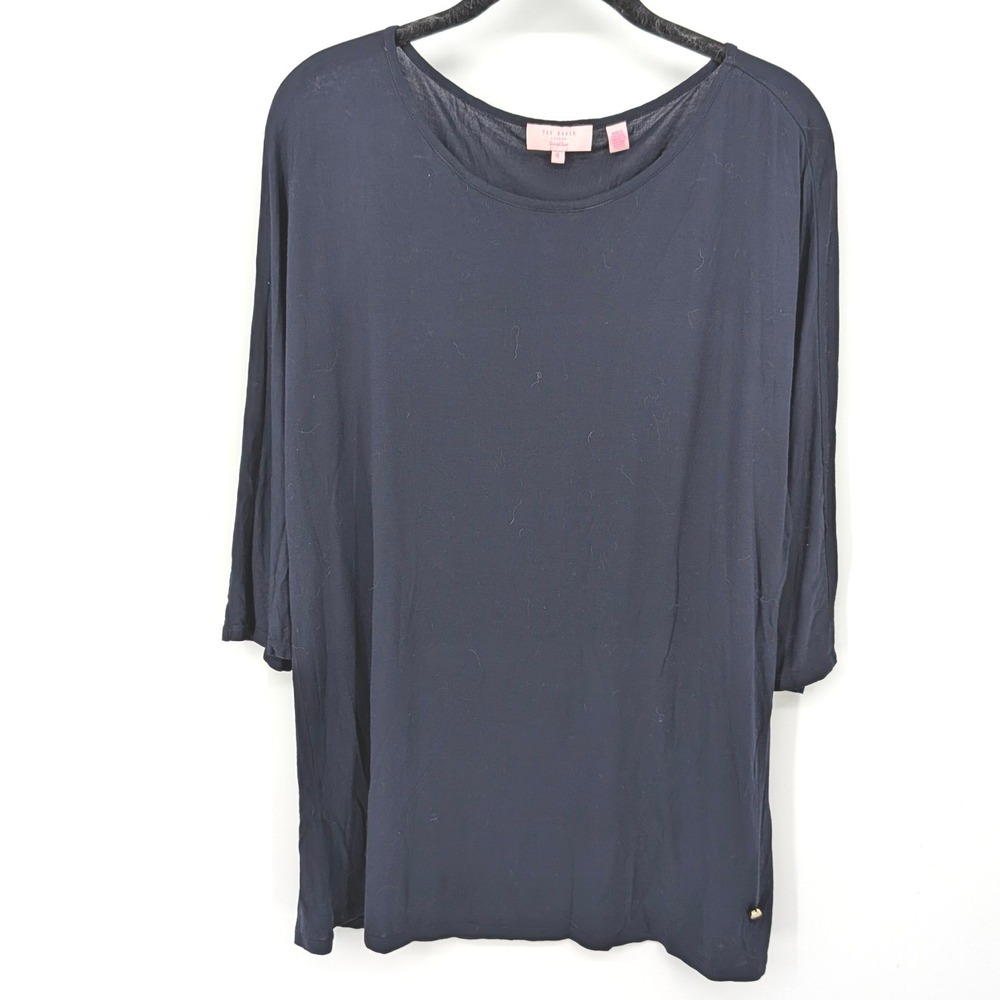 Ted Baker Top Womens 4 Navy Blue 3/4 Sleeve Viscose Scoop Neck Minimalist Tunic